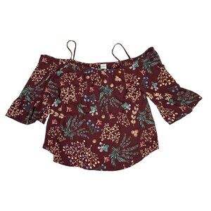 Kaileigh Stitch Fix Women's Floral Print Cold-Shoulder Bell-Sleeve Top Burgundy